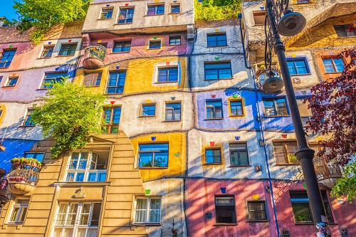 Colorful painted exterior of Hundertwasser house in Vienna, Austria