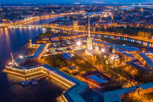 Aerial view of St Petersburg lit up at night