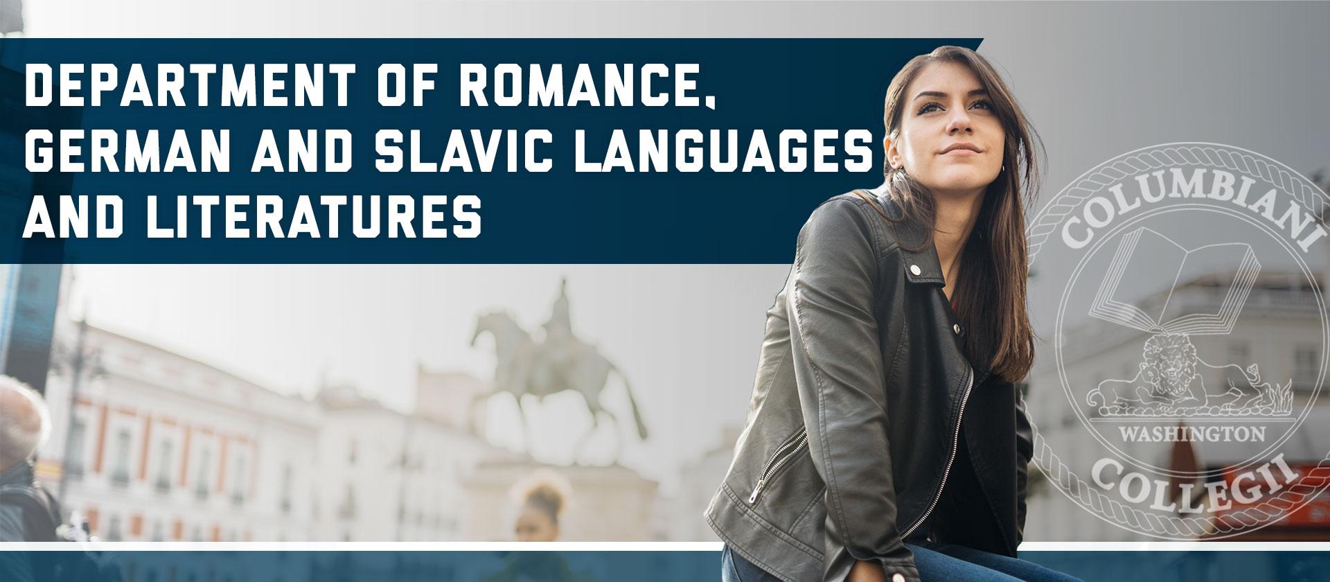 Department of Romance, German and Slavic Languages and Literatures, Columbian College of Arts and Sciences seal - a student sitting in a square in Madrid.